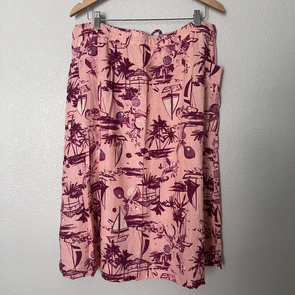 Denim & Co. Naturals Linen Blend Pink Tropical Midi Skirt Size Large Petite